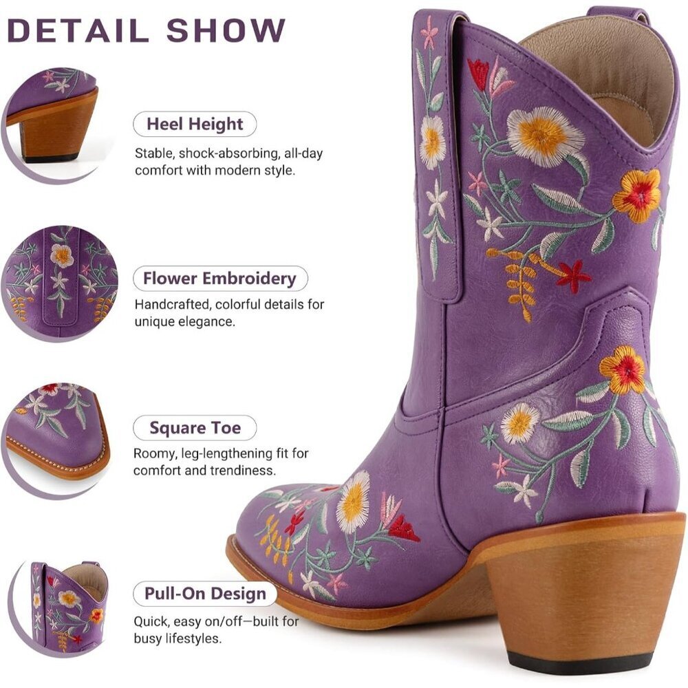 Women's Purple Ankle Cowgirl Boots Flower Embroidered Square Toe Chunky Heel - Picture 5 of 8